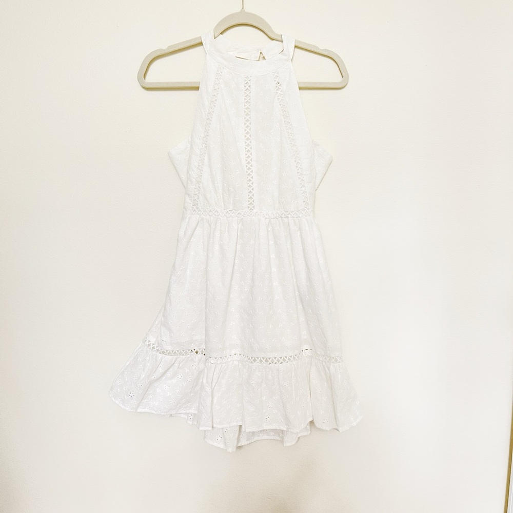 Preppy Lace Halter Mini Dress – Backless Broderie Anglaise